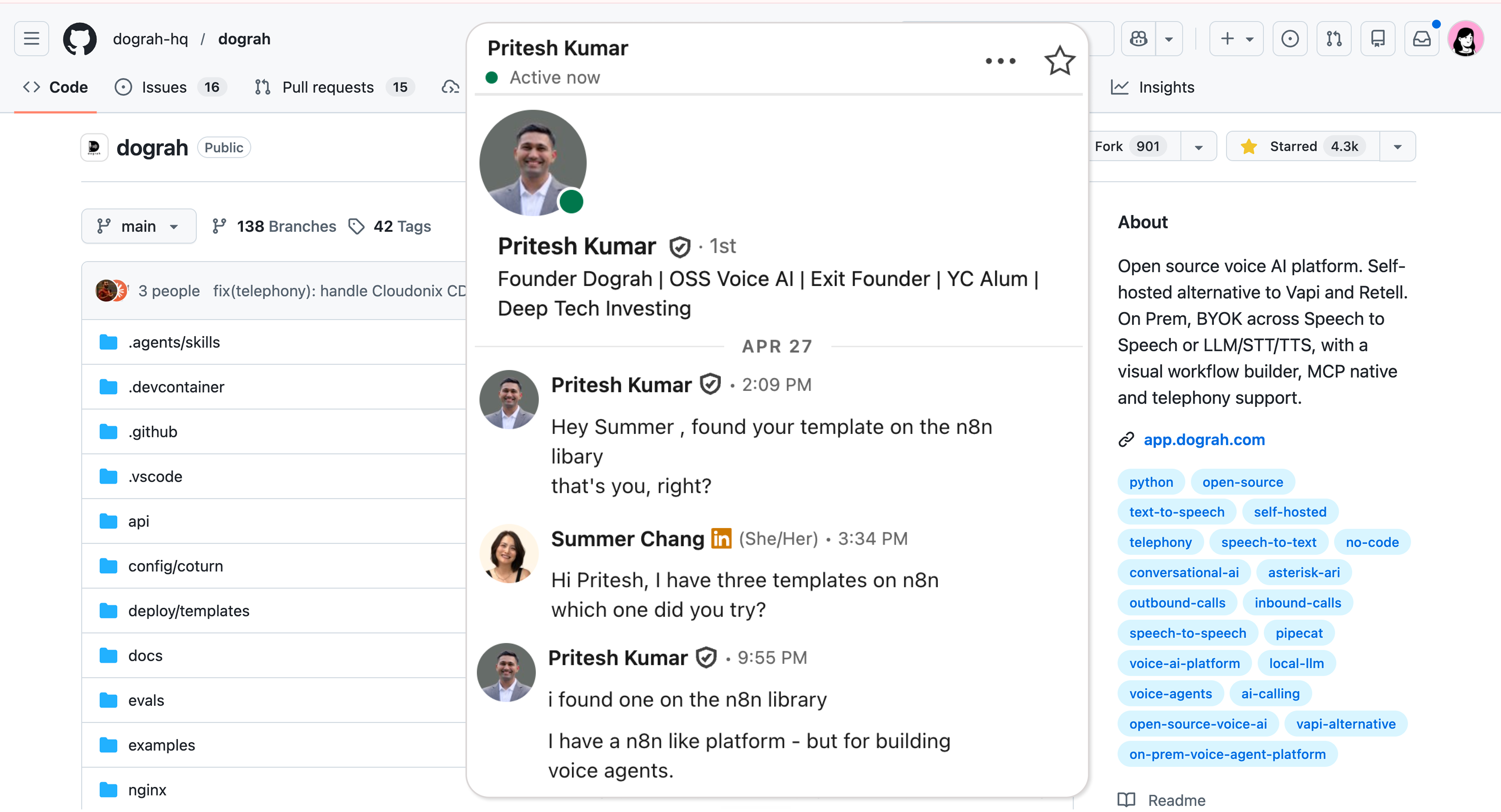 A direct message from the Dograh team after they found the published n8n template.
